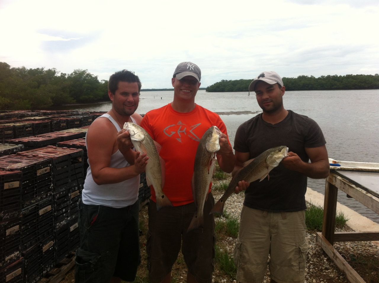 Three men stand at a dock holding redfish, with stacked crab traps and mangrove shoreline behind them.